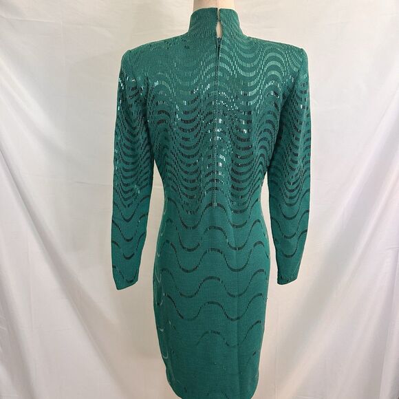 ST. JOHN Metallic Waves Paillette Santana Knit Dress 6/8 Sequins Turquoise - Picture 6 of 10